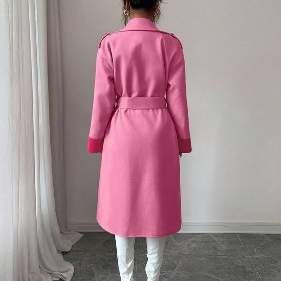 Pink Chic Women's Double breasted Midi trench Overcoat - Picture 2 of 8
